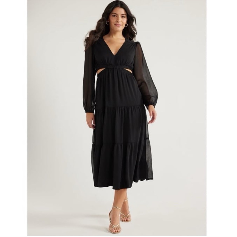 Sofia Vergara Women's V-Neck Cutout Chiffon Long Sleeve Black Maxi Dress NWT